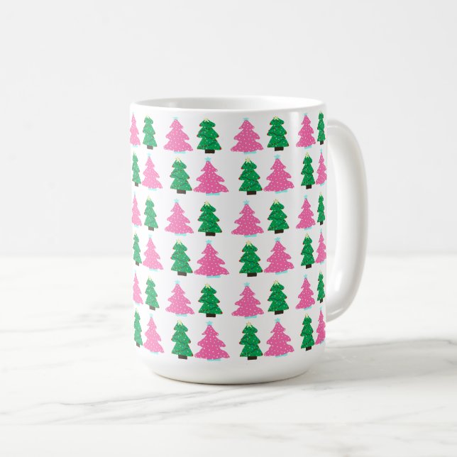 Green and Pink Christmas Trees  Coffee Mug (Front Right)