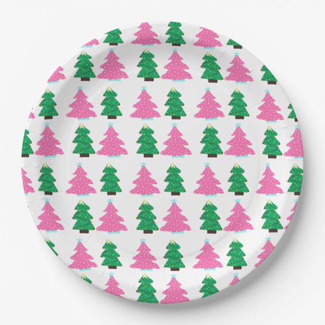 Green and Pink Christmas Trees  Paper Plate (Front)