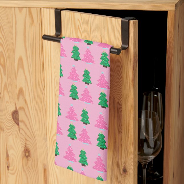 Green and Pink Christmas Trees  Tea Towel (Thirds Fold)