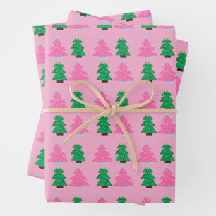 Green and Pink Christmas Trees  Wrapping Paper Sheet