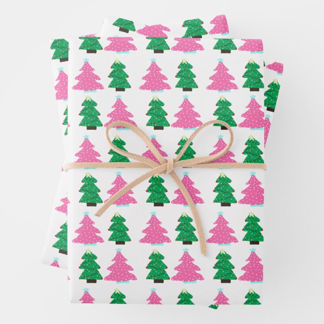 Green and Pink Christmas Trees  Wrapping Paper Sheet (In situ)
