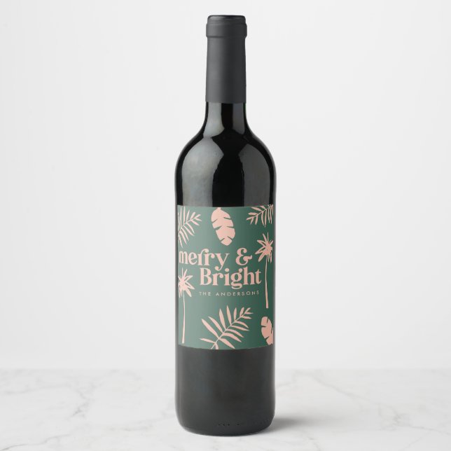 green and pink Christmas tropical favour gift Wine Label (Front)