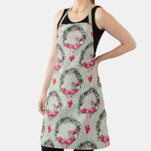 Green and Pink Christmas Wreath and Cardinal Apron