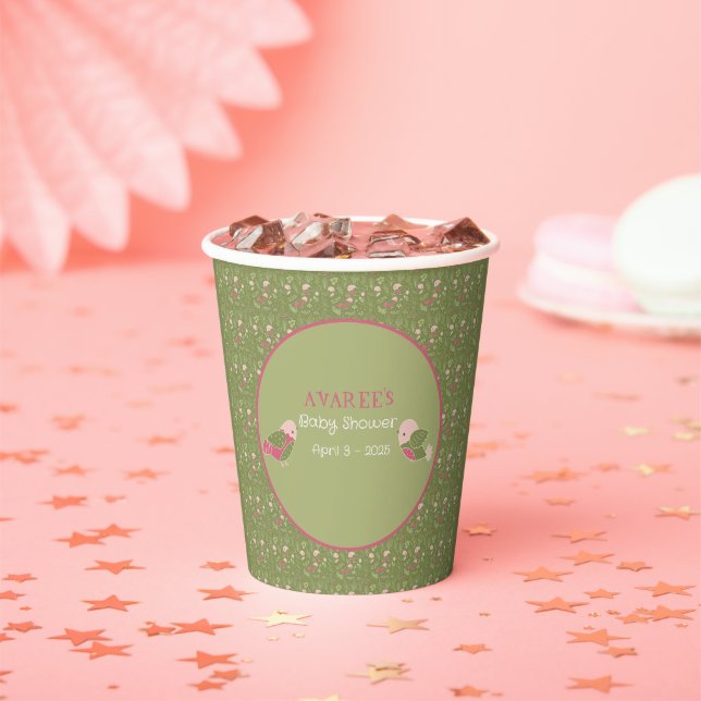 Green and Pink Cute Birds Baby Shower Paper cup (Insitu)