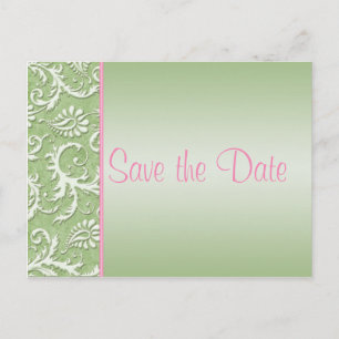Green and Pink Damask Save the Date Postcard