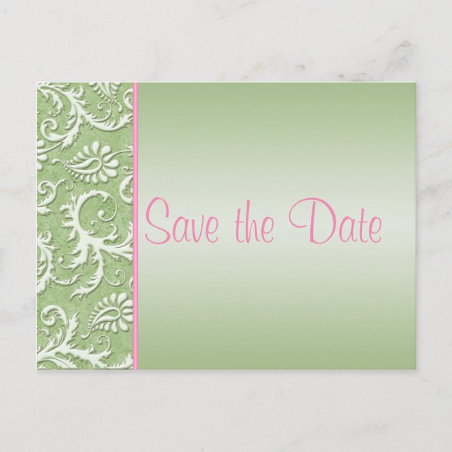 Green and Pink Damask Save the Date Postcard (Front)