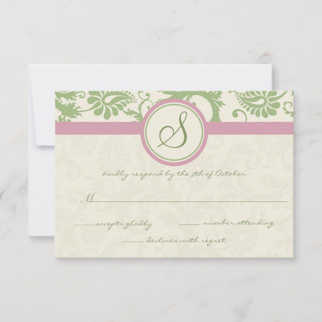 Green and Pink Damask Wedding RSVP (Front)
