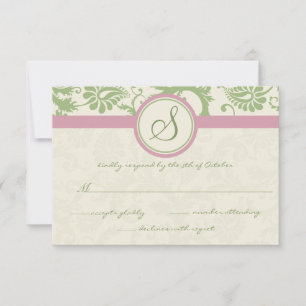 Green and Pink Damask Wedding RSVP Card