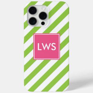 Green and Pink Diagonal Stripes Monogram iPhone 15 Pro Max Case