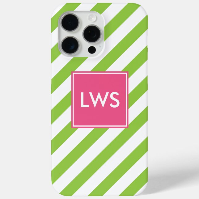 Green and Pink Diagonal Stripes Monogram Case-Mate iPhone Case (Back)