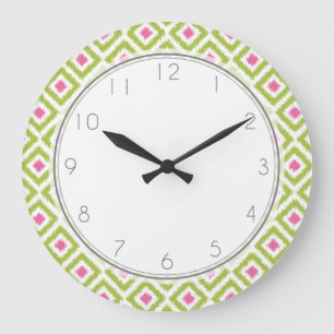 Green and Pink Diamond Ikat Pattern Large Clock