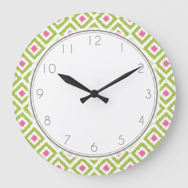 Green and Pink Diamond Ikat Pattern Large Clock (Front)