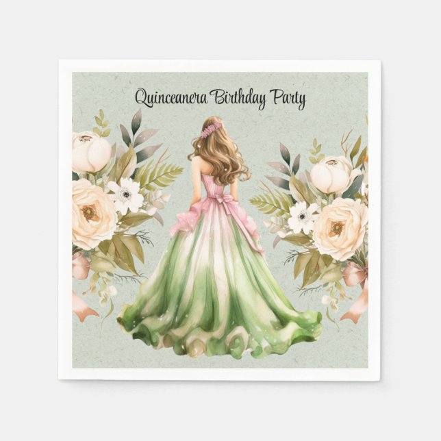 Green and Pink Dress Quinceanera Birthday Party Napkin (Front)