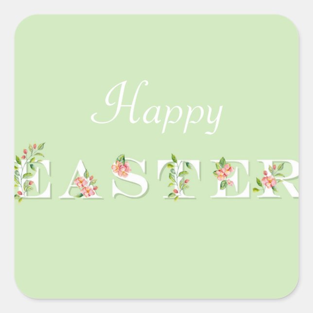 Green and Pink Floral Happy Easter Square Sticker (Front)