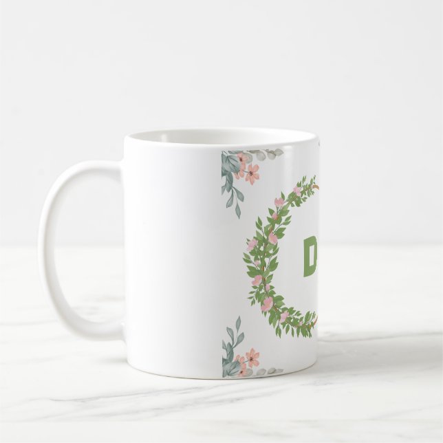 "Green and Pink Floral Initial Mug" Coffee Mug (Left)