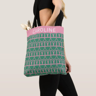 Green and Pink Floral Line Art Pattern Tote Bag