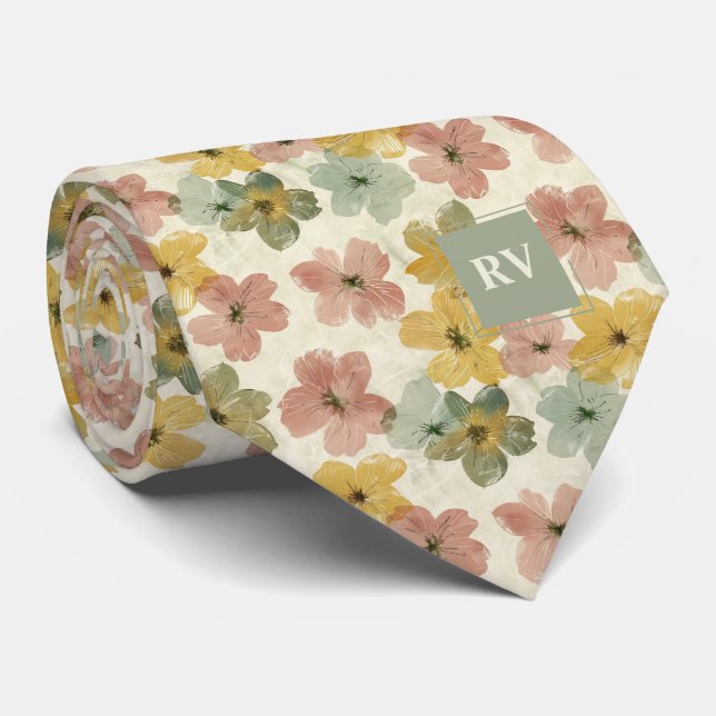 Green and Pink Floral Monogrammed Necktie (Rolled)
