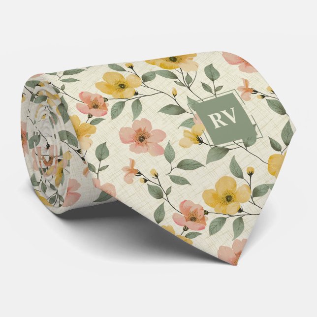 Green and Pink Floral Neck Tie (Rolled)