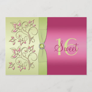 Green and Pink Floral Sweet Sixteen Invitation