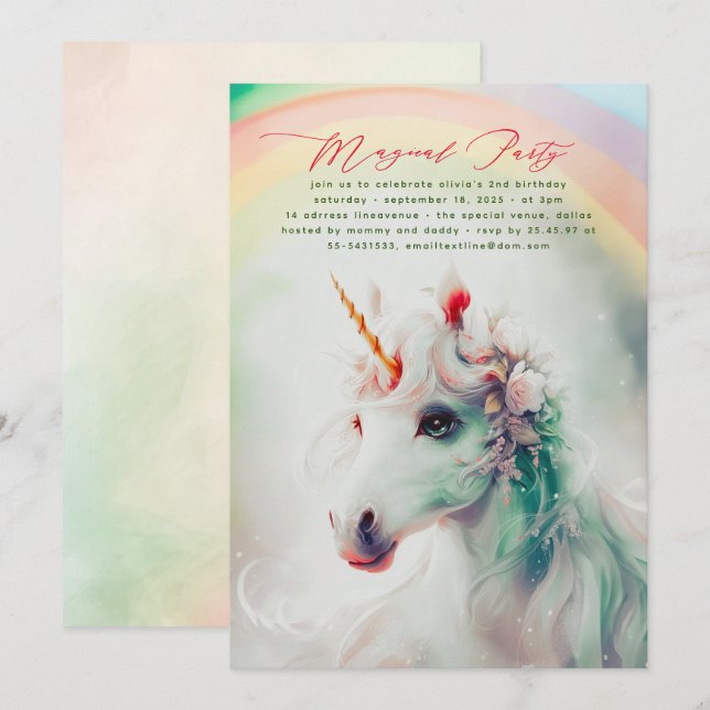 Green and Pink Floral Unicorn Birthday Invitations (Front/Back)