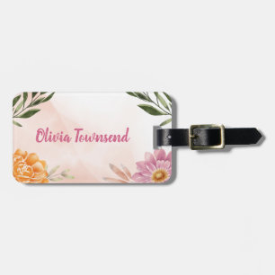 Green and Pink Floral Watercolor Luggage Tag