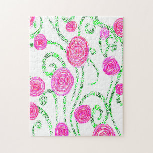 Green and Pink Flower Vines Jigsaw Puzzle
