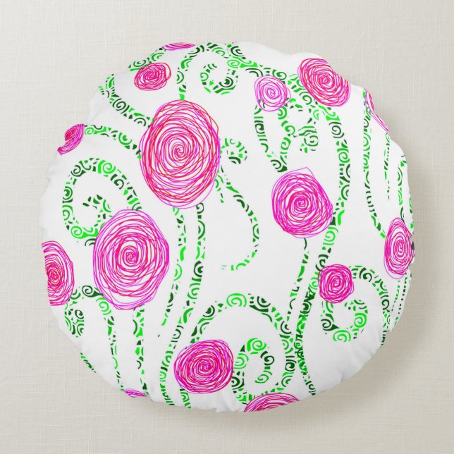Green and Pink Flower Vines Round Cushion (Front)