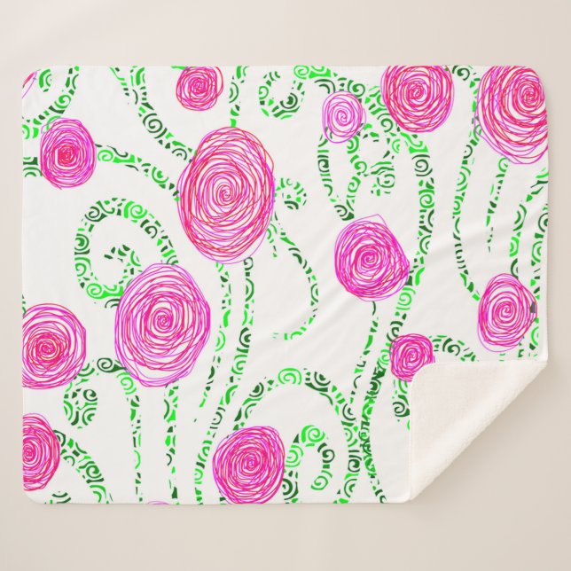 Green and Pink Flower Vines Sherpa Blanket (Front (Horizontal))