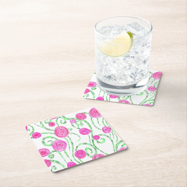 Green and Pink Flower Vines Square Paper Coaster (Insitu)
