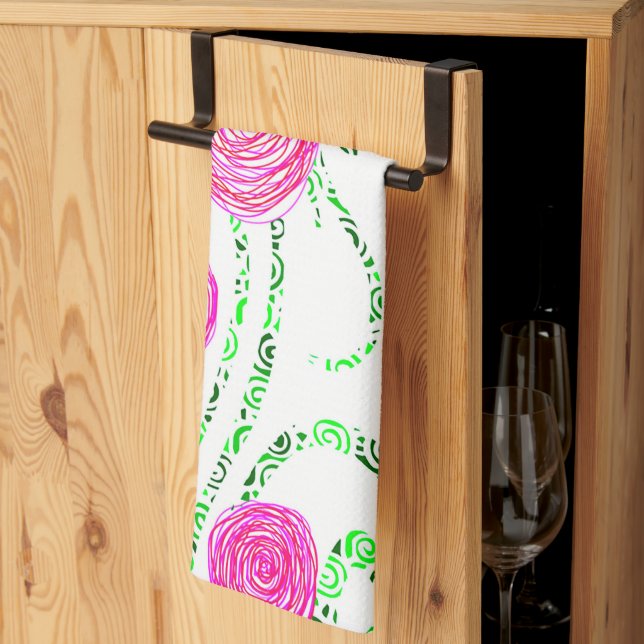 Green and Pink Flower Vines Tea Towel (Thirds Fold)