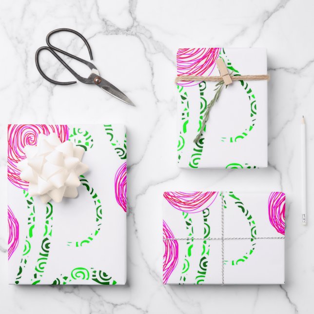 Green and Pink Flower Vines Wrapping Paper Sheet (Front)