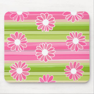 Green and pink flowers with stripes mouse mat