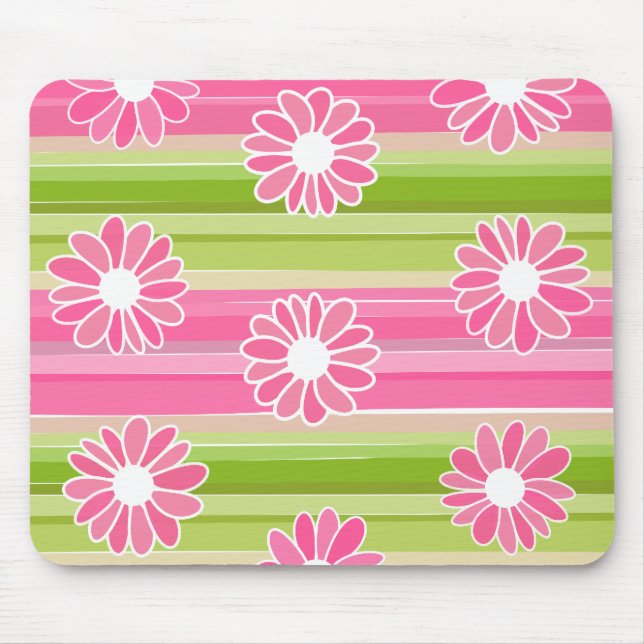 Green and pink flowers with stripes mouse mat (Front)