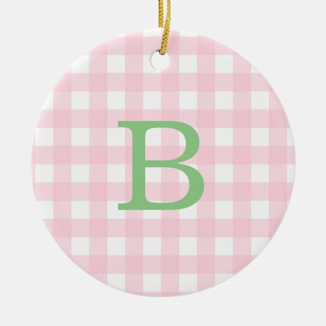 Green and Pink Gingham Monogram Ceramic Tree Decoration (Front)