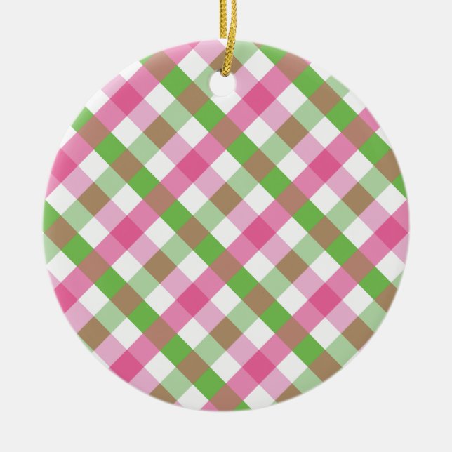 Green and Pink Gingham Net Ceramic Tree Decoration (Front)