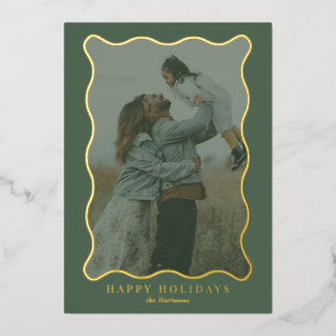 Green and Pink Gold Wavy Frame Holiday Photo Card