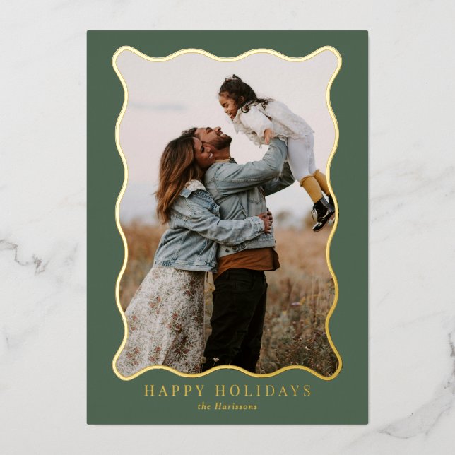 Green and Pink Gold Wavy Frame Holiday Photo Card (Front)