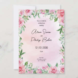 Green and Pink, Green Watercolor Flower Wedding Invitation