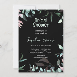 Green and Pink Greenery Black Bridal Shower Invitation