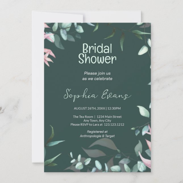 Green and Pink Greenery Green Bridal Shower Invitation (Front)