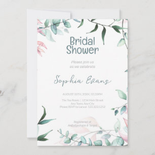 Green and Pink Greenery White Bridal Shower Invitation