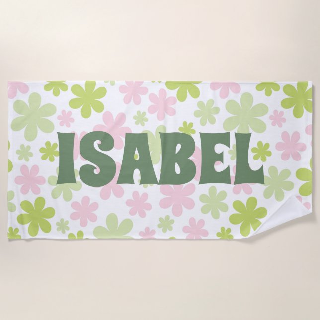 Green and Pink Groovy Floral Custom Name Beach Towel (Front)