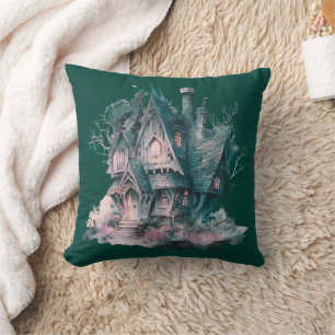 Green and Pink Haunted House Green Halloween Cushion