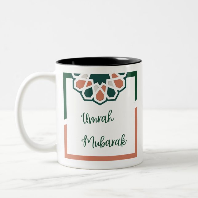 Green and Pink  Islamic Umrah Mubarak in English Two-Tone Coffee Mug (Left)