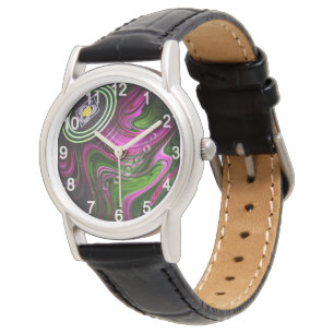 Green And Pink Lawn Bowl, Lady Leather Wristwatch