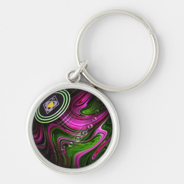 Green And Pink Lawn Bowl, Premium Metal Keyring (Front)