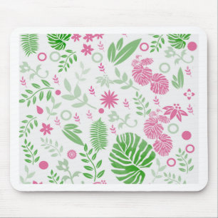 Green and pink leaves and flowers mouse mat