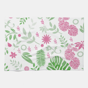 Green and pink leaves and flowers tea towel