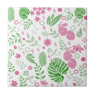 Green and pink leaves and flowers tile