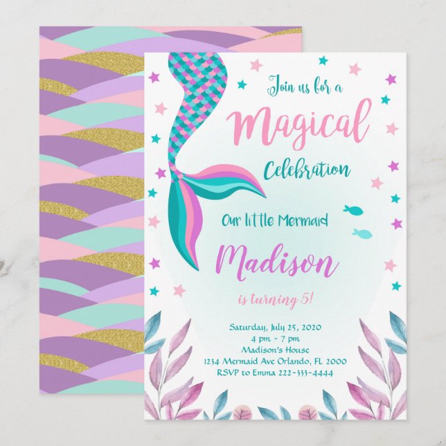 Green and Pink Mermaid Birthday Invitation (Front/Back)